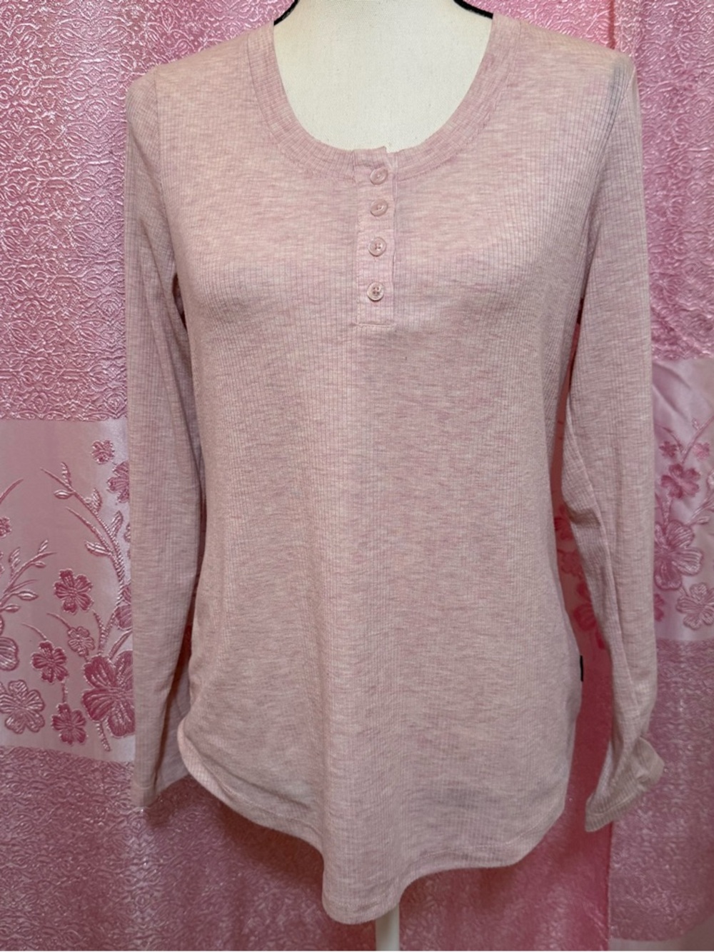 Eddie Bauer Heathered Pink Ribbed Henley Top - Size S